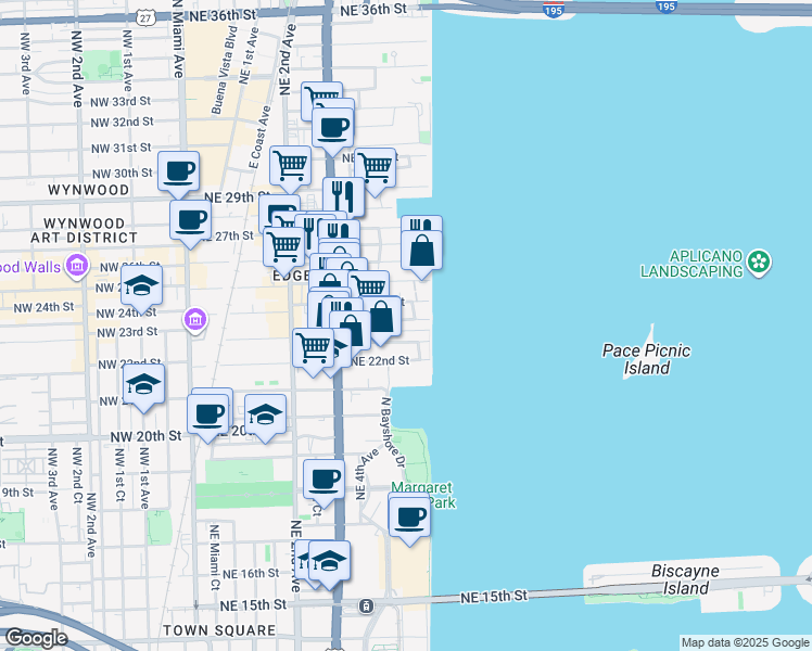 map of restaurants, bars, coffee shops, grocery stores, and more near 2336-2342 Northeast 6th Avenue in Miami