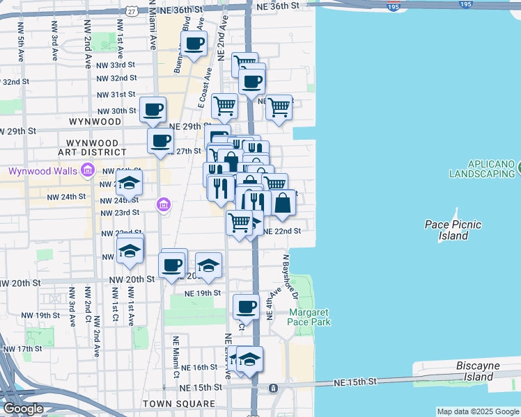 map of restaurants, bars, coffee shops, grocery stores, and more near 350 Northeast 24th Street in Miami