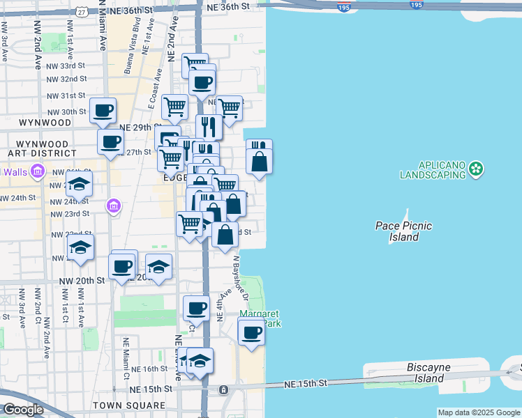 map of restaurants, bars, coffee shops, grocery stores, and more near 708 Northeast 24th Street in Miami