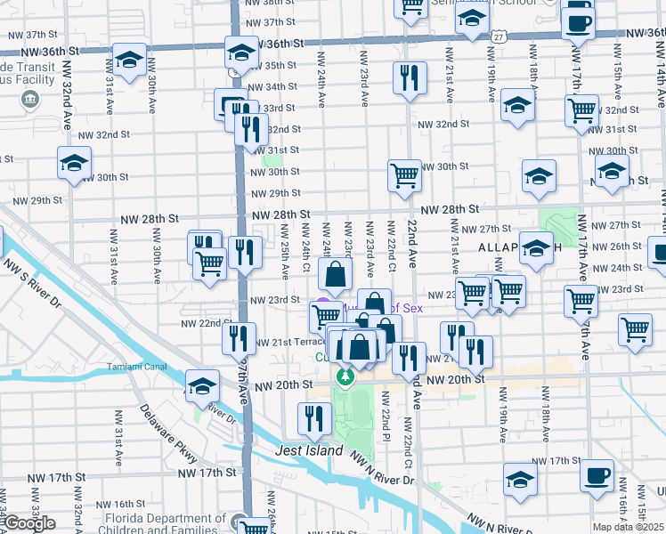 map of restaurants, bars, coffee shops, grocery stores, and more near 2510 Northwest 23rd Court in Miami