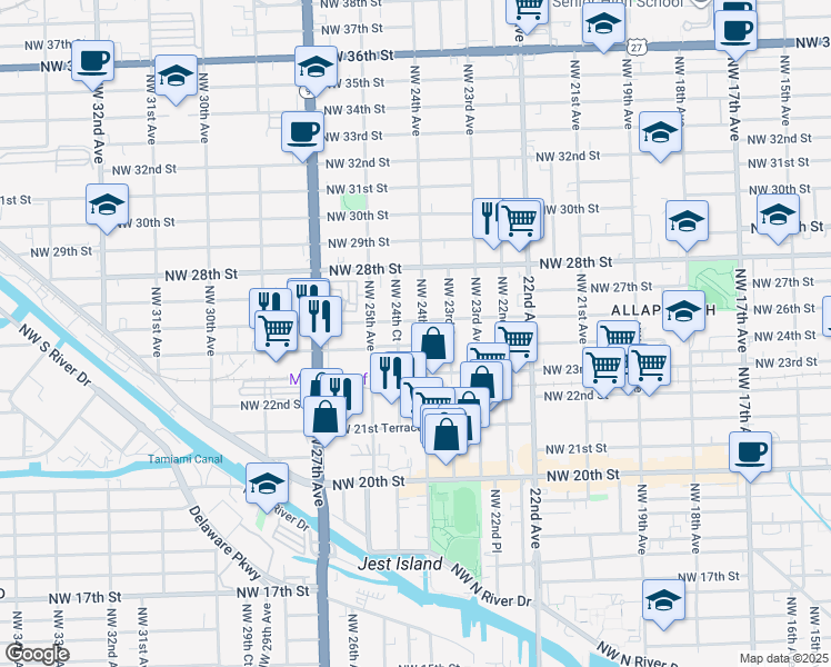 map of restaurants, bars, coffee shops, grocery stores, and more near 2431 Northwest 26th Street in Miami