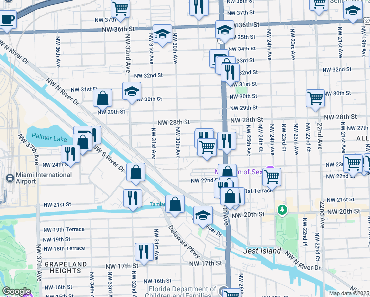 map of restaurants, bars, coffee shops, grocery stores, and more near 2602 Northwest 30th Avenue in Miami