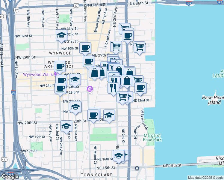 map of restaurants, bars, coffee shops, grocery stores, and more near 163 Northeast 24th Street in Miami