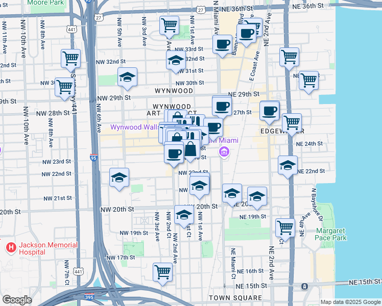 map of restaurants, bars, coffee shops, grocery stores, and more near 119 Northwest 24th Street in Miami