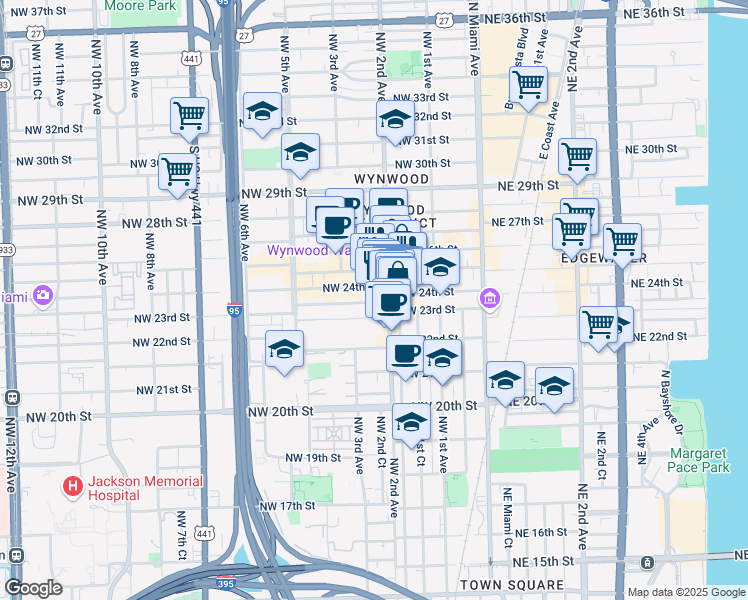 map of restaurants, bars, coffee shops, grocery stores, and more near 176 Northwest 24th Street in Miami