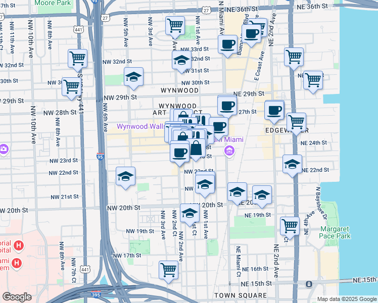 map of restaurants, bars, coffee shops, grocery stores, and more near 119 Northwest 24th Street in Miami