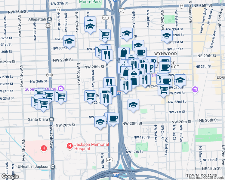 map of restaurants, bars, coffee shops, grocery stores, and more near 664 Northwest 24th Street in Miami