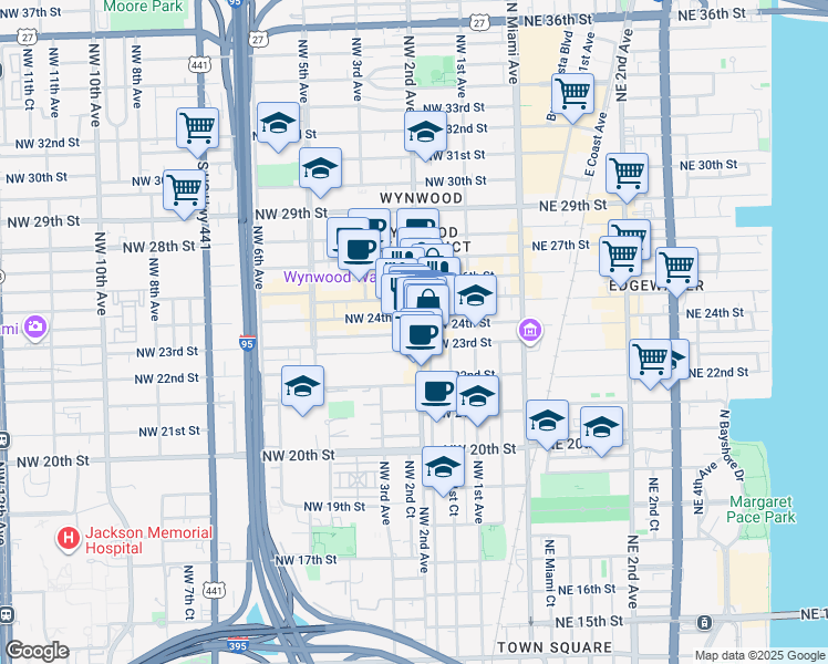 map of restaurants, bars, coffee shops, grocery stores, and more near 176 Northwest 24th Street in Miami