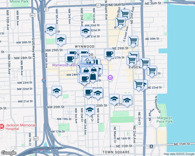 map of restaurants, bars, coffee shops, grocery stores, and more near 119 Northwest 24th Street in Miami