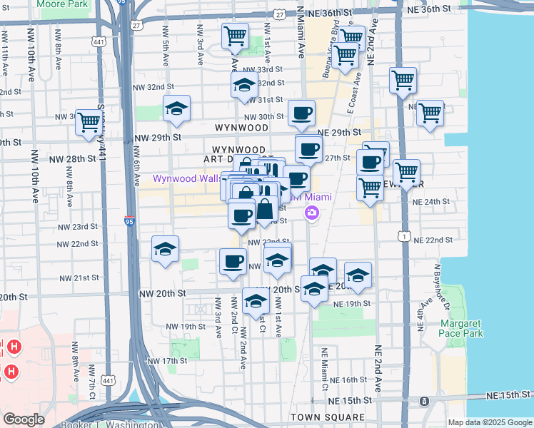 map of restaurants, bars, coffee shops, grocery stores, and more near 119 Northwest 24th Street in Miami