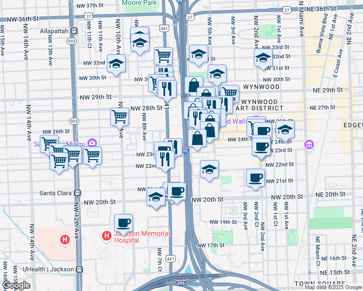 map of restaurants, bars, coffee shops, grocery stores, and more near 664 Northwest 24th Street in Miami