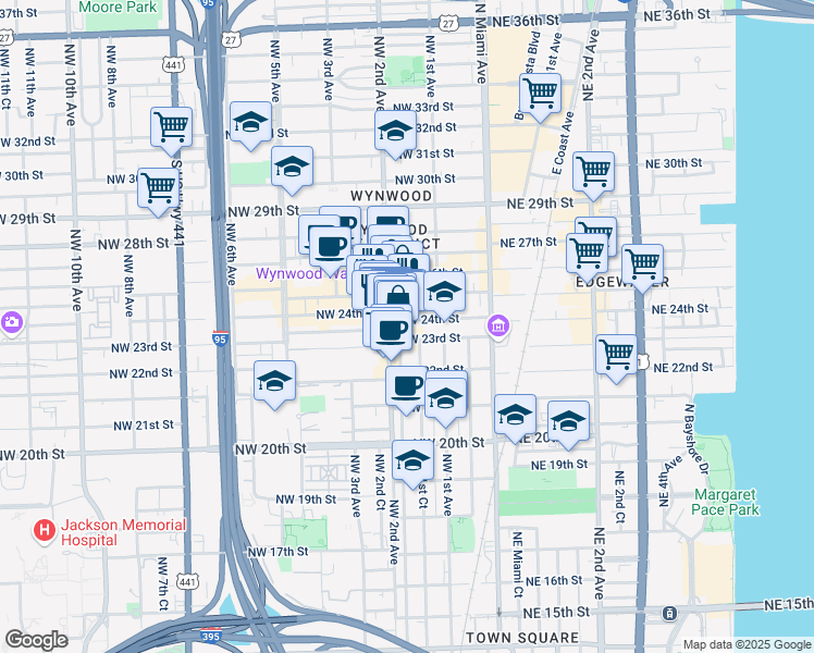 map of restaurants, bars, coffee shops, grocery stores, and more near 176 Northwest 24th Street in Miami