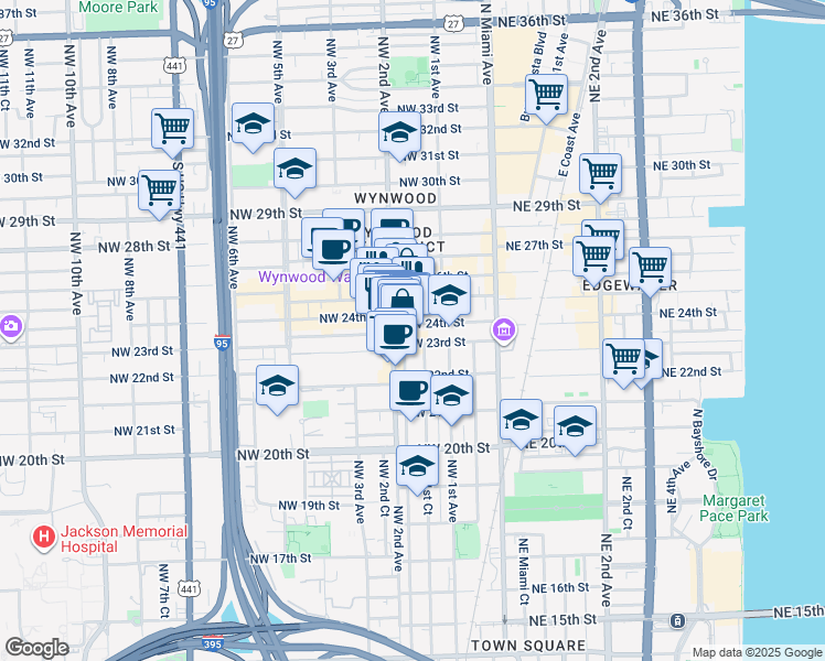 map of restaurants, bars, coffee shops, grocery stores, and more near 176 Northwest 24th Street in Miami