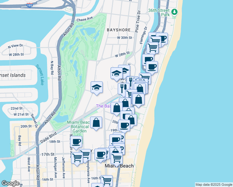 map of restaurants, bars, coffee shops, grocery stores, and more near 2300 Pine Tree Drive in Miami Beach