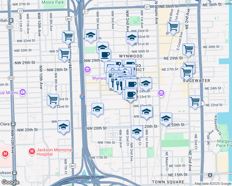 map of restaurants, bars, coffee shops, grocery stores, and more near 308 Northwest 24th Street in Miami