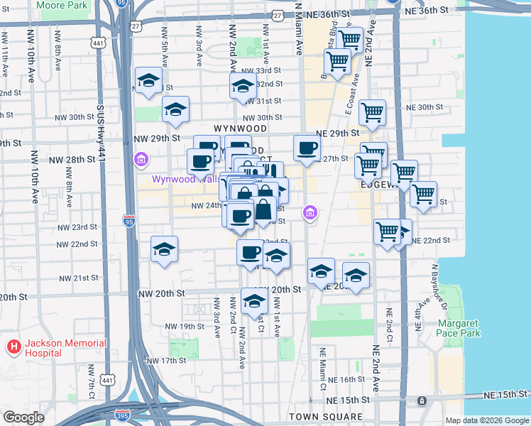 map of restaurants, bars, coffee shops, grocery stores, and more near 119 Northwest 24th Street in Miami