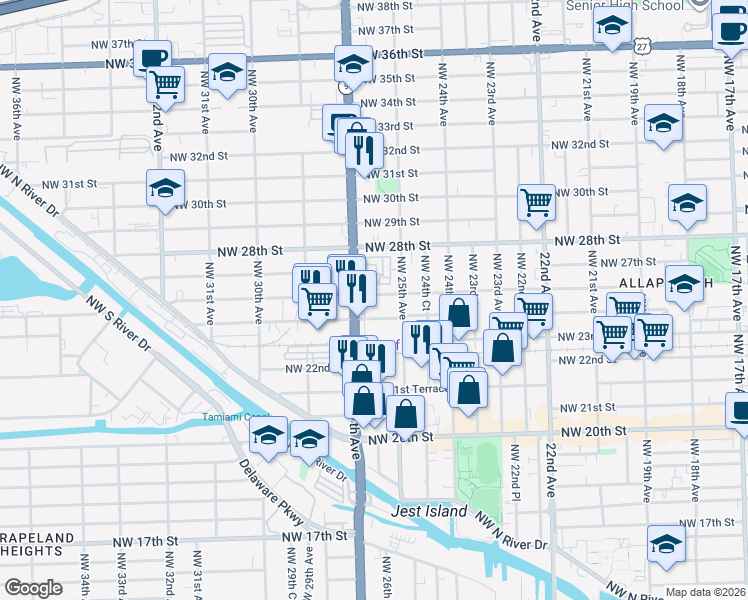 map of restaurants, bars, coffee shops, grocery stores, and more near 2642 Northwest 26th Street in Miami