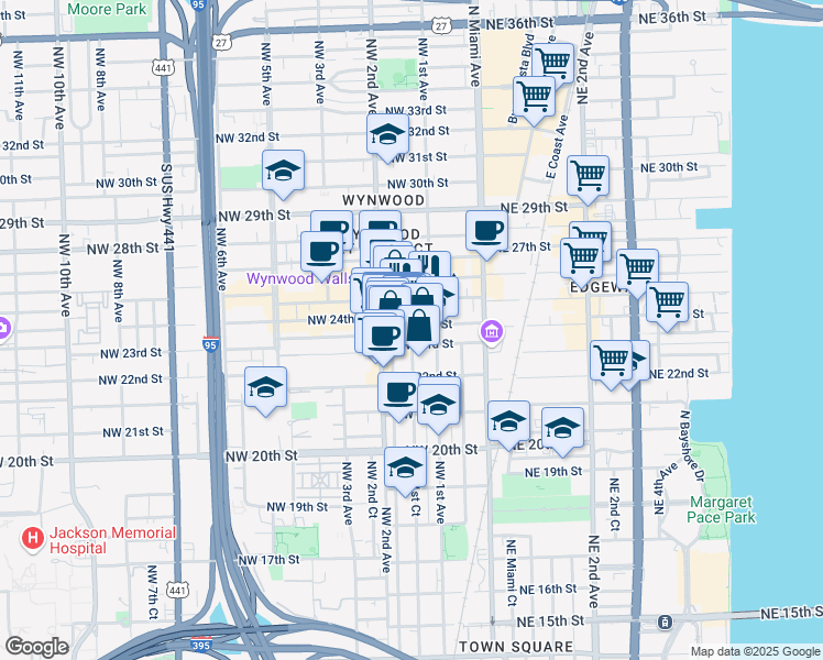 map of restaurants, bars, coffee shops, grocery stores, and more near 119 Northwest 24th Street in Miami