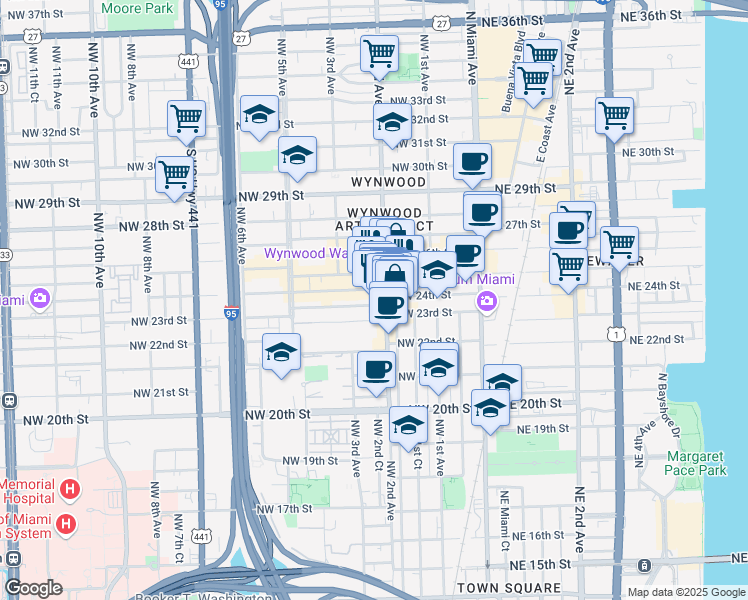 map of restaurants, bars, coffee shops, grocery stores, and more near 2405 Northwest 2nd Avenue in Miami
