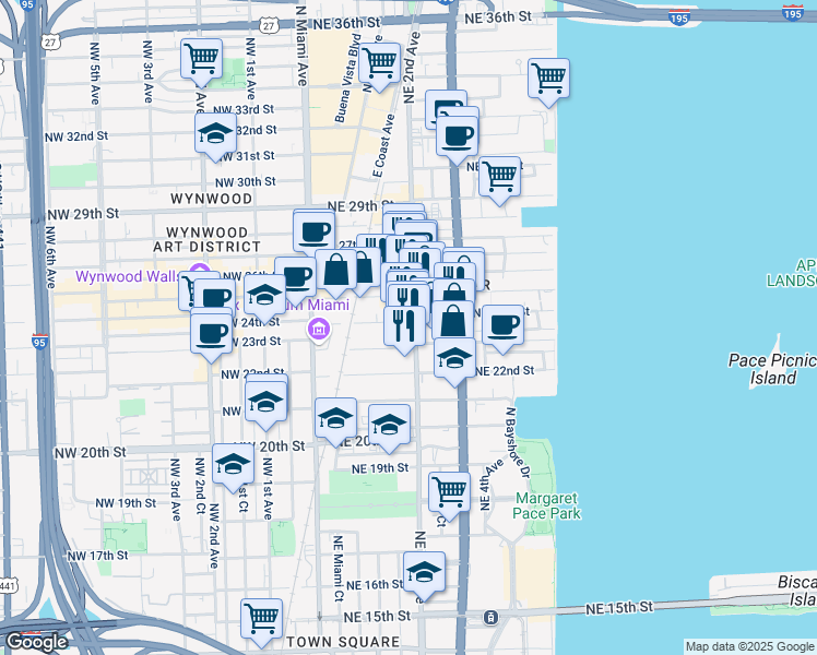 map of restaurants, bars, coffee shops, grocery stores, and more near 163 Northeast 24th Street in Miami