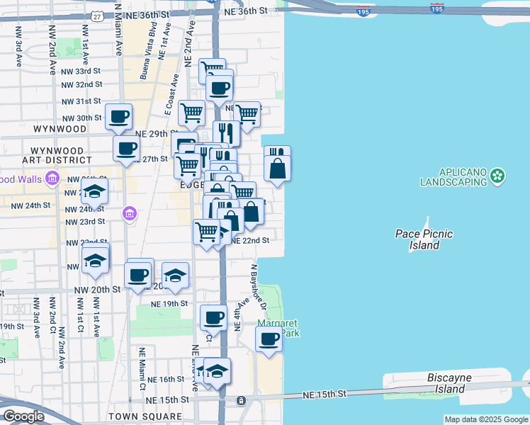map of restaurants, bars, coffee shops, grocery stores, and more near 2336-2342 Northeast 6th Avenue in Miami