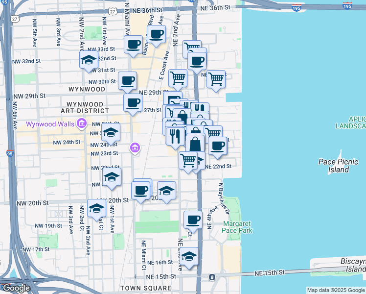 map of restaurants, bars, coffee shops, grocery stores, and more near 212 Northeast 24th Street in Miami