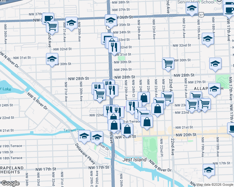 map of restaurants, bars, coffee shops, grocery stores, and more near 2642 Northwest 26th Street in Miami