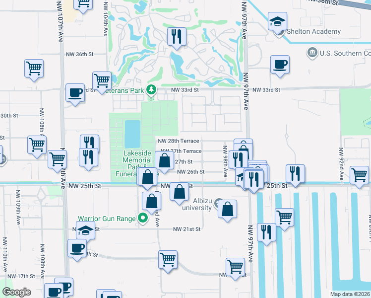 map of restaurants, bars, coffee shops, grocery stores, and more near 9940 Northwest 28th Terrace in Doral