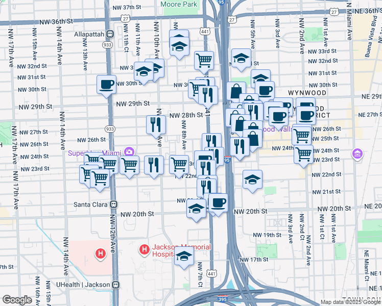 map of restaurants, bars, coffee shops, grocery stores, and more near 2400 Northwest 7th Court in Miami