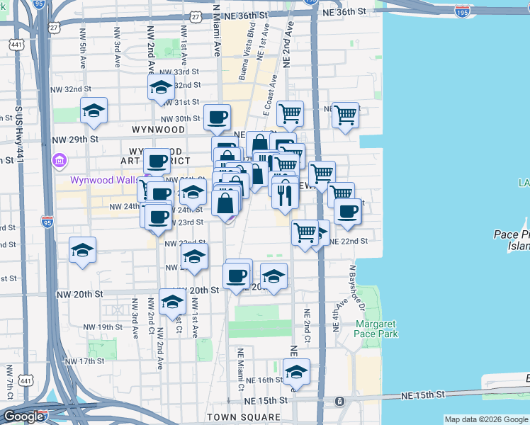 map of restaurants, bars, coffee shops, grocery stores, and more near 101 Northeast 24th Street in Miami