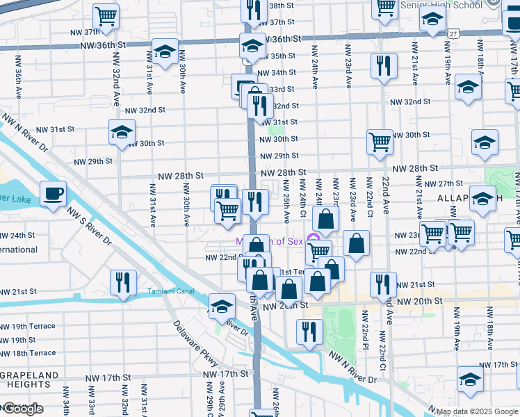 map of restaurants, bars, coffee shops, grocery stores, and more near 2642 Northwest 26th Street in Miami