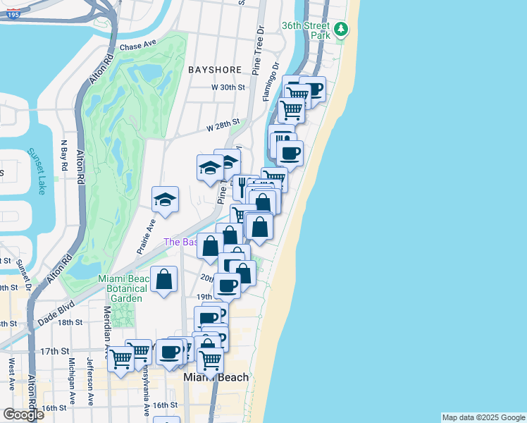 map of restaurants, bars, coffee shops, grocery stores, and more near 2-198 24th Street in Miami Beach