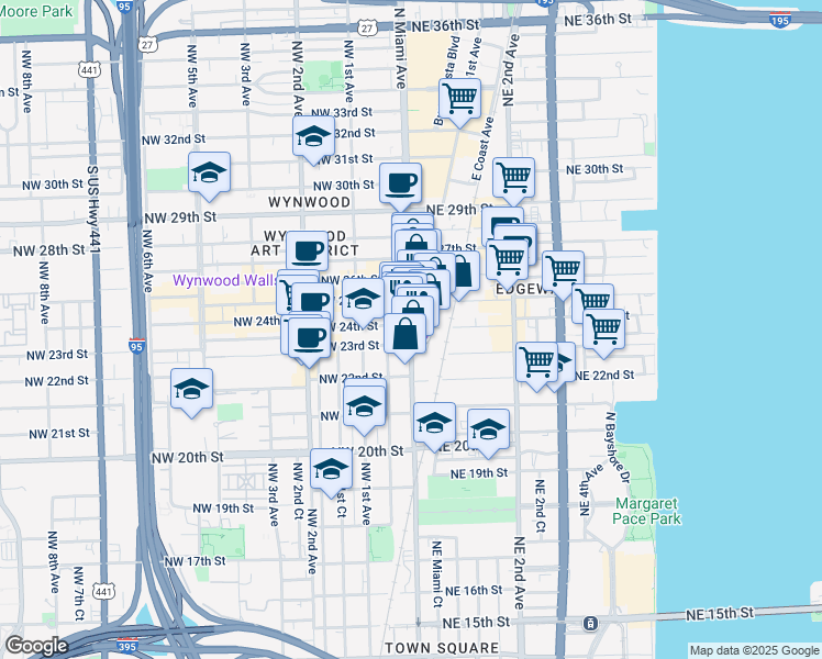 map of restaurants, bars, coffee shops, grocery stores, and more near N Miami Ave & NE 24th St in Miami