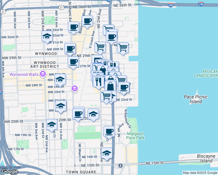 map of restaurants, bars, coffee shops, grocery stores, and more near 212 Northeast 24th Street in Miami
