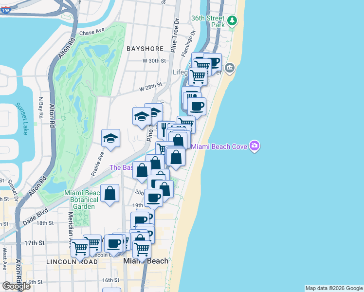 map of restaurants, bars, coffee shops, grocery stores, and more near 2-198 24th Street in Miami Beach