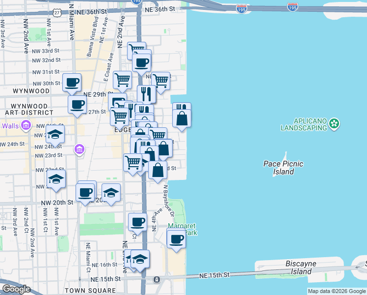 map of restaurants, bars, coffee shops, grocery stores, and more near 708 Northeast 24th Street in Miami