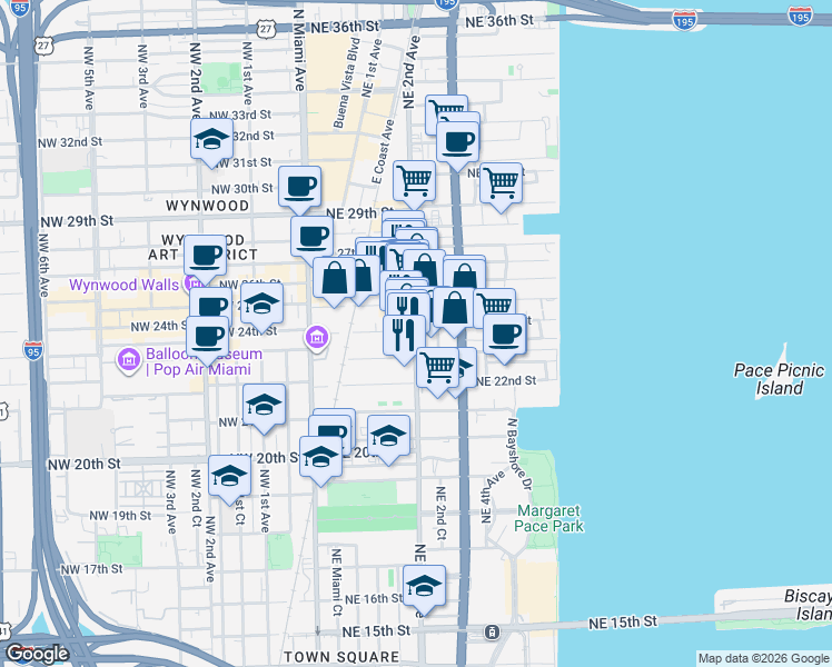map of restaurants, bars, coffee shops, grocery stores, and more near 163 Northeast 24th Street in Miami