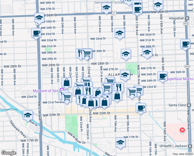 map of restaurants, bars, coffee shops, grocery stores, and more near 2146 Northwest 26th Street in Miami