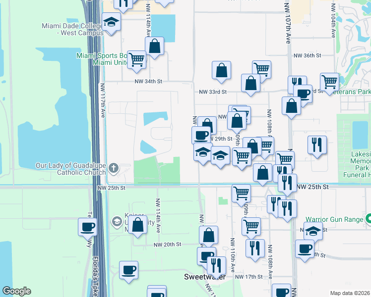 map of restaurants, bars, coffee shops, grocery stores, and more near 2900 Northwest 112th Avenue in Doral
