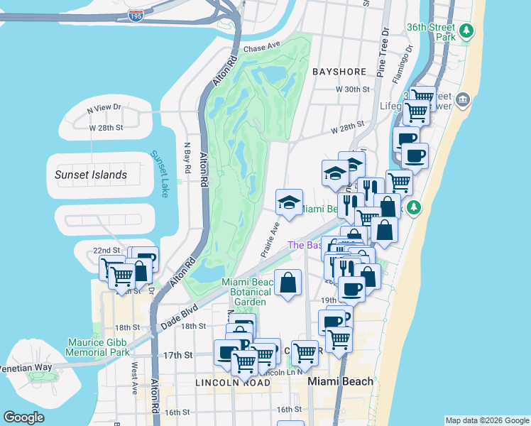 map of restaurants, bars, coffee shops, grocery stores, and more near 2225 Meridian Avenue in Miami Beach