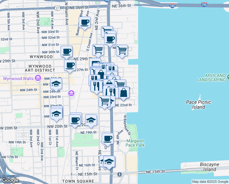 map of restaurants, bars, coffee shops, grocery stores, and more near 350 Northeast 24th Street in Miami