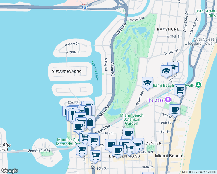 map of restaurants, bars, coffee shops, grocery stores, and more near 2153 North Bay Road in Miami Beach