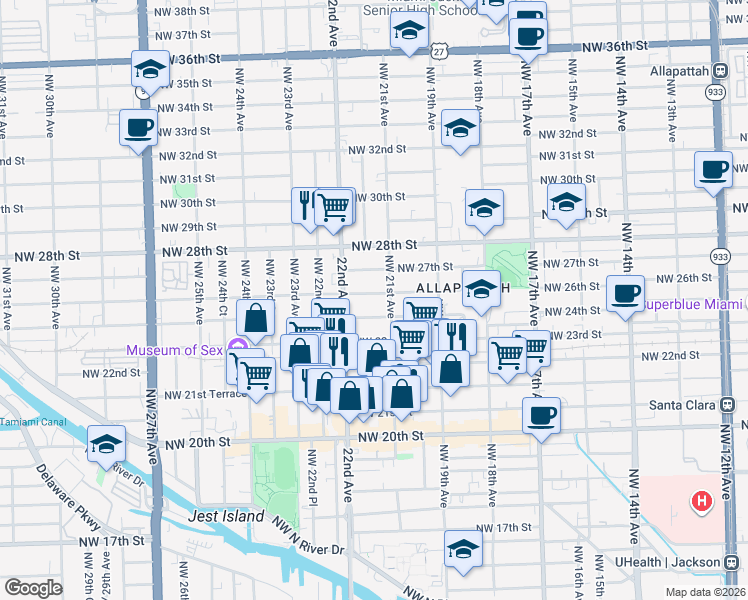map of restaurants, bars, coffee shops, grocery stores, and more near 2146 Northwest 26th Street in Miami