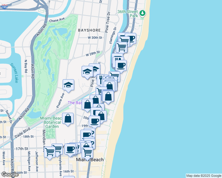 map of restaurants, bars, coffee shops, grocery stores, and more near 2-198 24th Street in Miami Beach