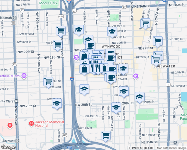 map of restaurants, bars, coffee shops, grocery stores, and more near 382 Northwest 24th Street in Miami