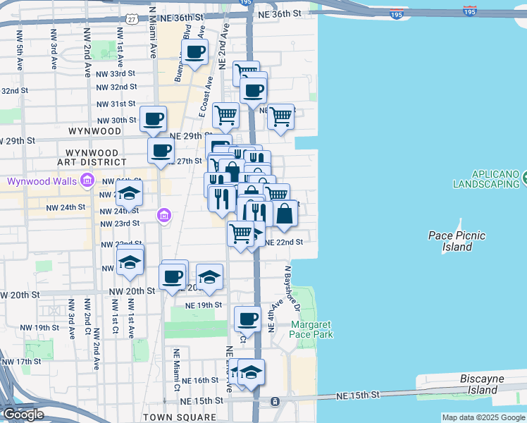 map of restaurants, bars, coffee shops, grocery stores, and more near 350 Northeast 24th Street in Miami
