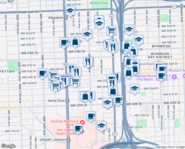 map of restaurants, bars, coffee shops, grocery stores, and more near 2401 Northwest 10th Avenue in Miami