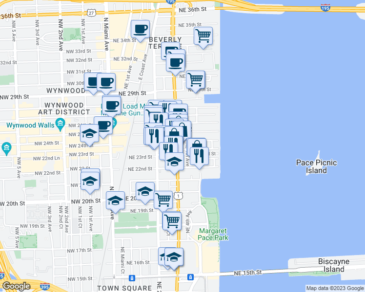 map of restaurants, bars, coffee shops, grocery stores, and more near 350 Northeast 24th Street in Miami