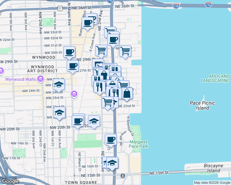 map of restaurants, bars, coffee shops, grocery stores, and more near 330 Northeast 24th Street in Miami