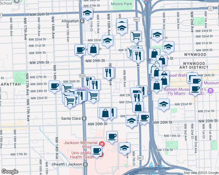 map of restaurants, bars, coffee shops, grocery stores, and more near 2401 Northwest 10th Avenue in Miami